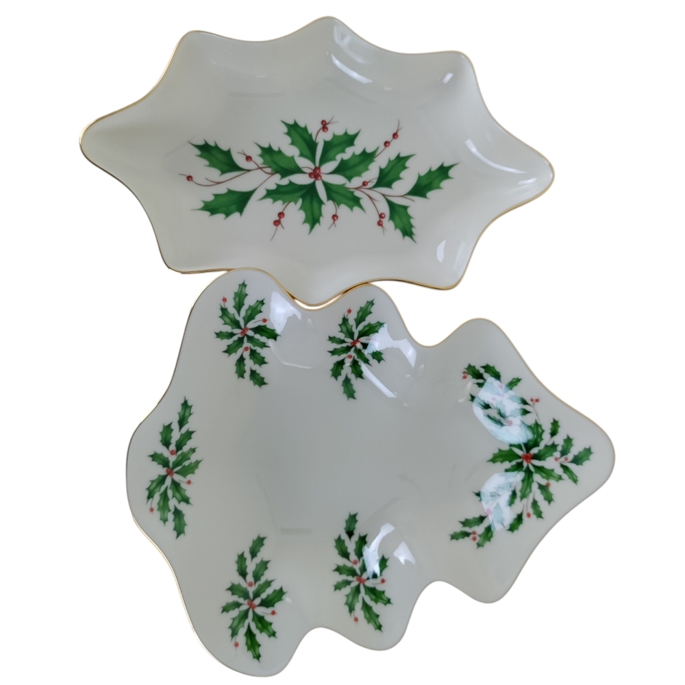 Lot Of 2 Lenox Christmas Tree Berries Gold Trim Porcelain Candy Dish 9" Tray